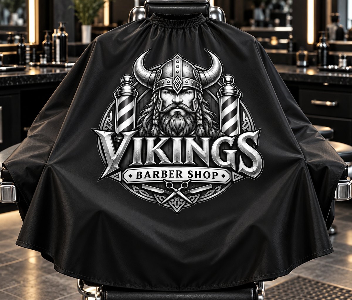 Black barber cape with the Vikings logo on a chair