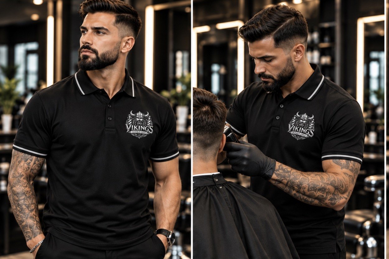 Vikings barber in a black logo polo, posing and giving a fade