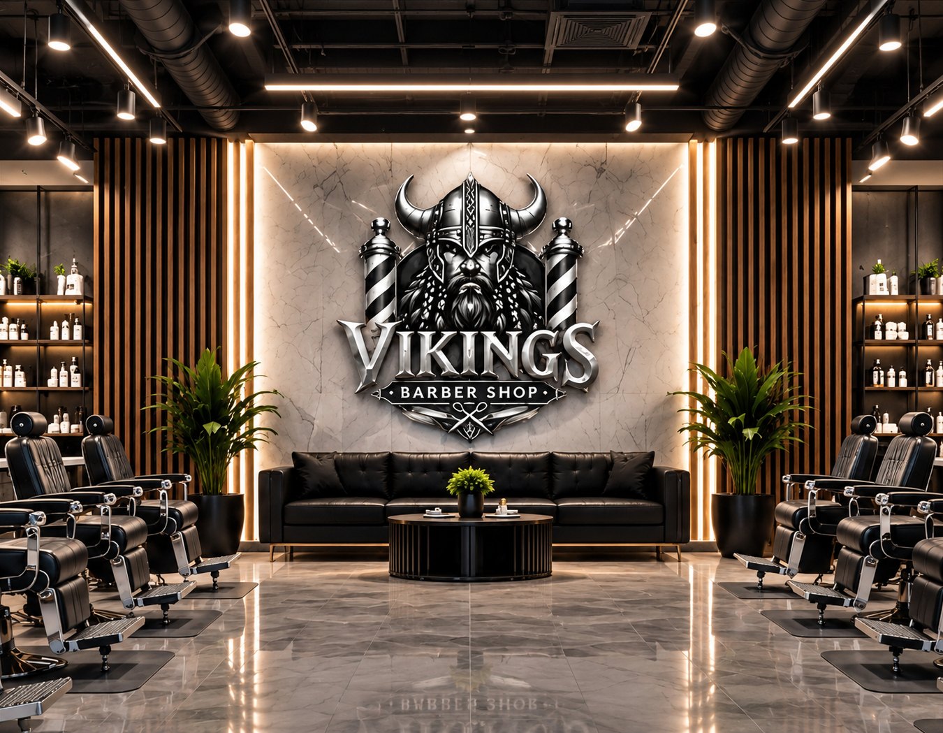 Vikings Barber Shop interior with black leather chairs, marble floor and the Vikings crest on the wall