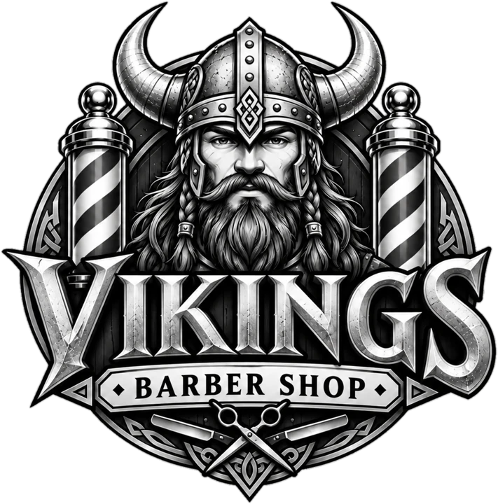 Vikings Barber Shop logo: a bearded Viking in a horned helmet between two barber poles